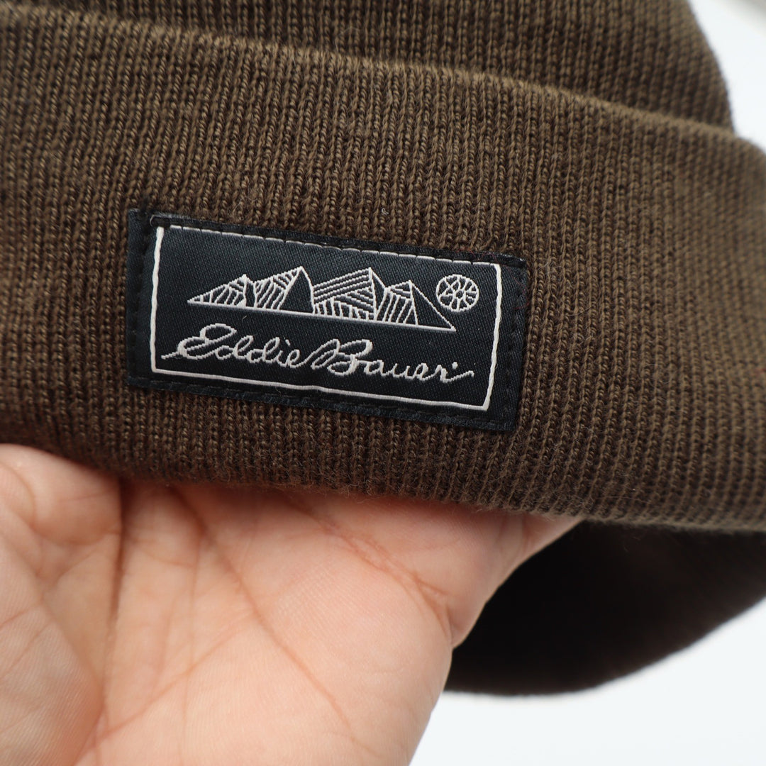 Eddie Bauer Brown Knit Beanie Mountain Logo Patch Cuffed Hat Made in Canada O/S