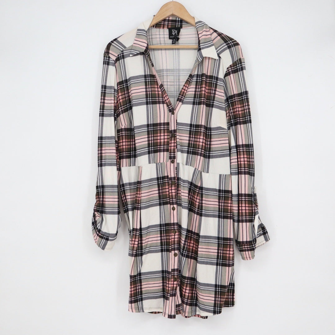 Derek Heart Pink White Black Plaid Empire Waist Roll Tab Tunic Top XL