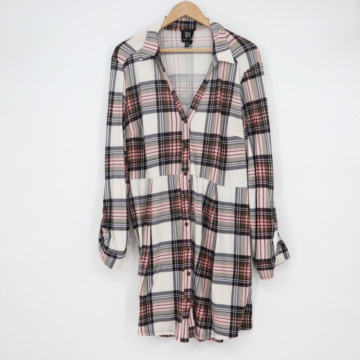 Derek Heart Pink White Black Plaid Empire Waist Roll Tab Tunic Top XL