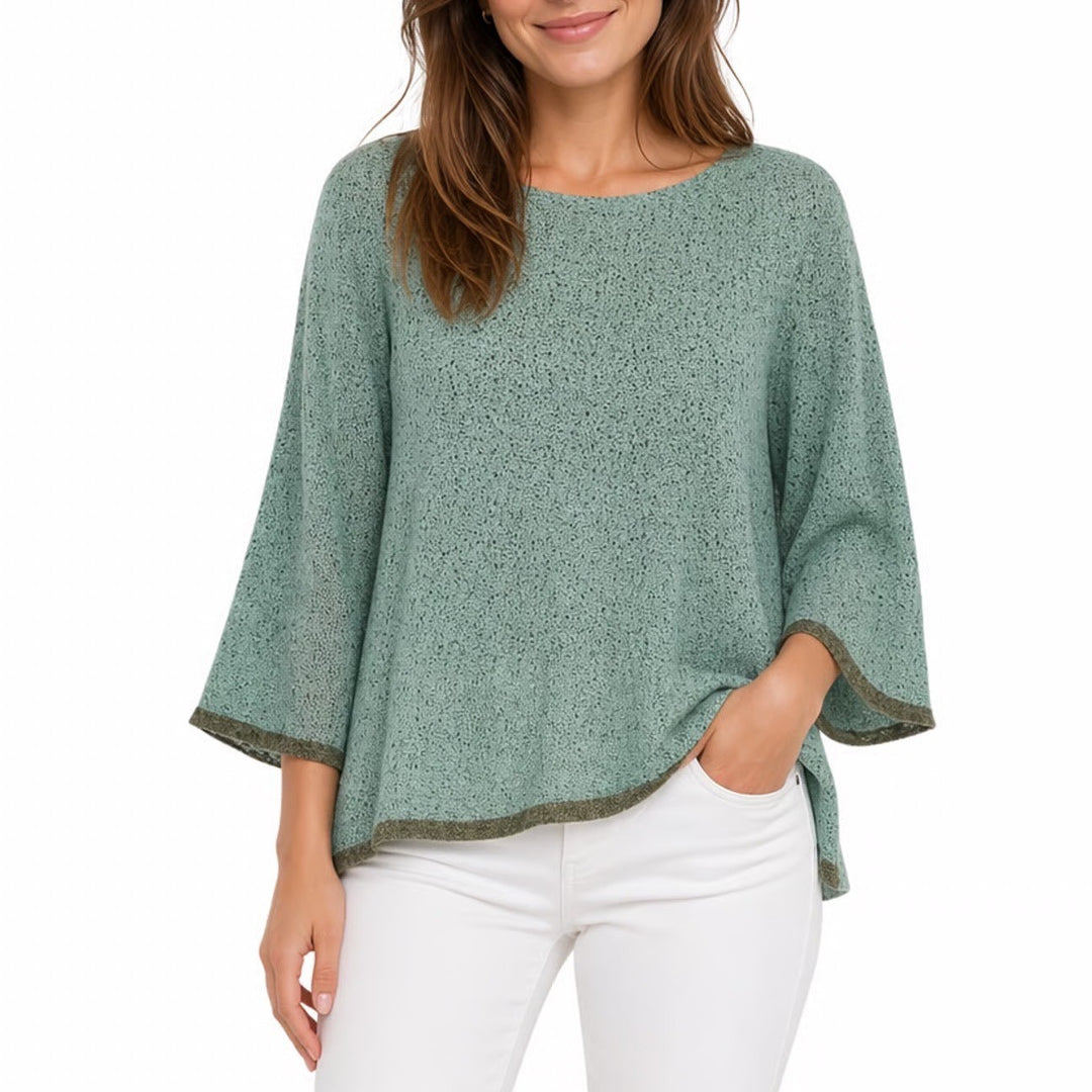 Charming Charlies Womens L Aqua Floral Fringe Trim Long Sleeve Neck Pullover