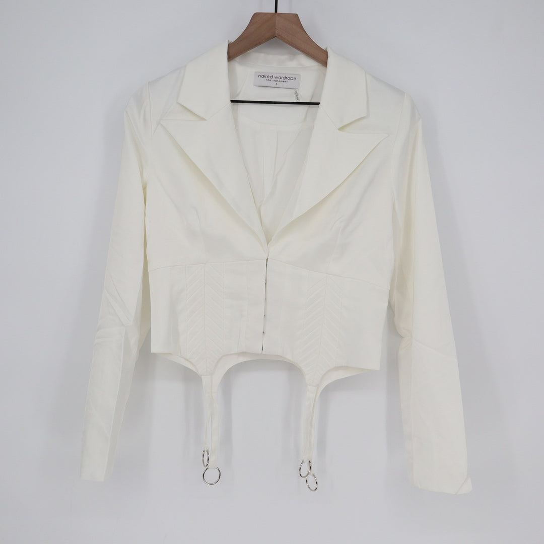 Naked Wardrobe The Statement Ivory Cropped Garter Blazer Jacket  Small