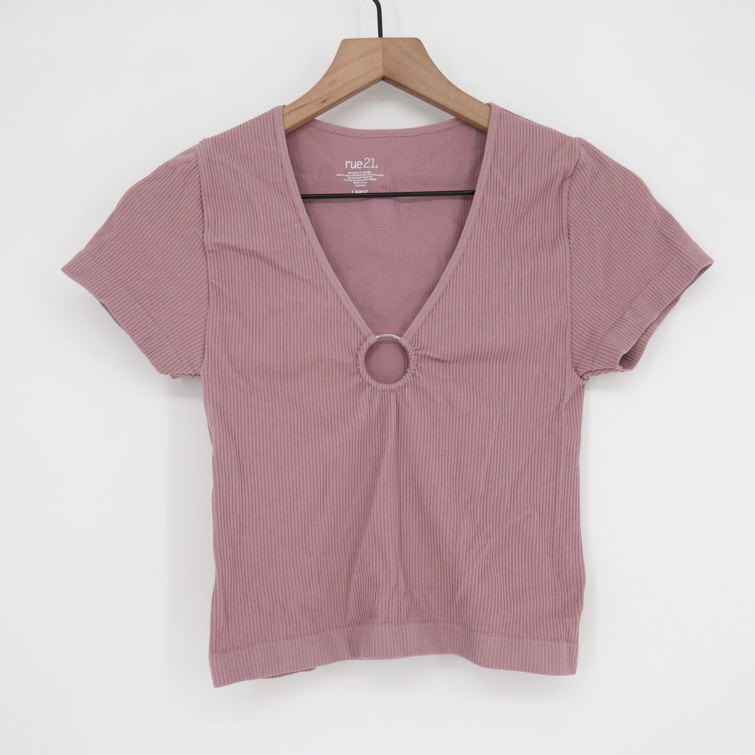 rue21 Womens Mauve Ribbed V-Neck O-Ring Short Sleeve Crop Top Large