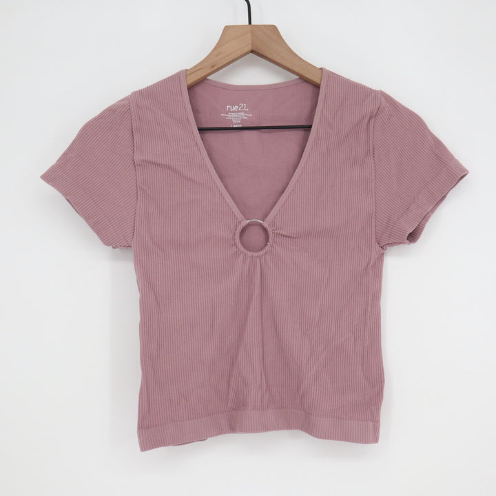 rue21 Womens Mauve Ribbed V-Neck O-Ring Short Sleeve Crop Top Large