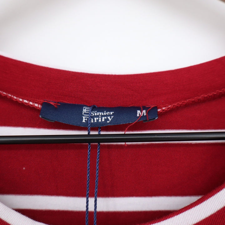 Simier Fariry Red White Striped Short Sleeve Midi Dress Pockets Medium NEW