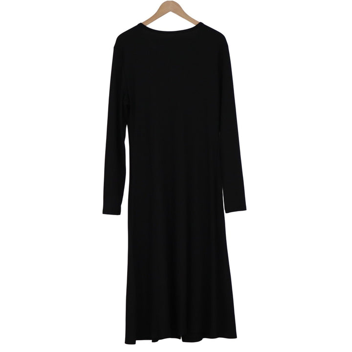 Black Ribbed Knit Button Front V-Neck Midi Dress Long Sleeve XL