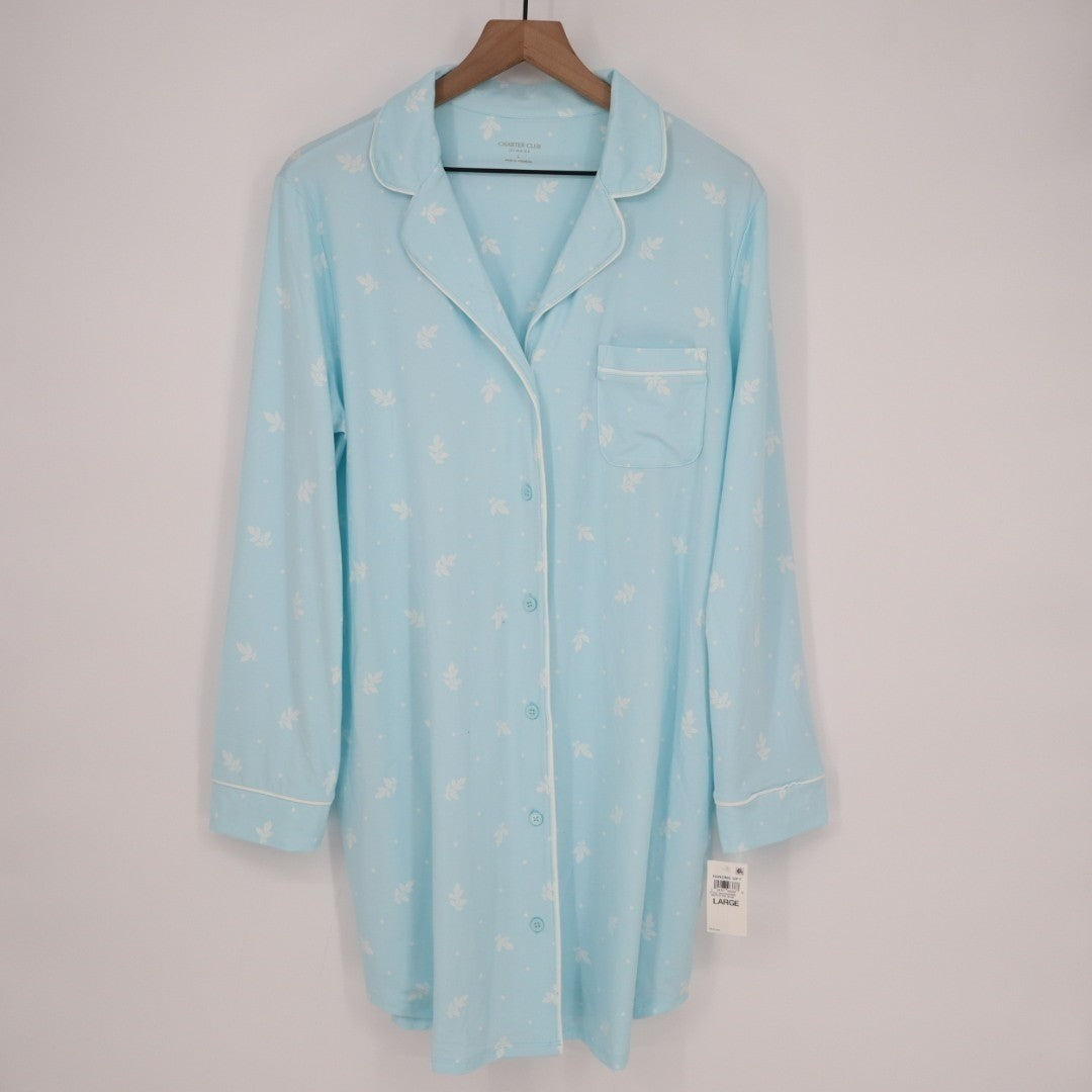 Charter Club Intimates Pajama Shirt Women Large Blue Floral Stretch Lapel Collar