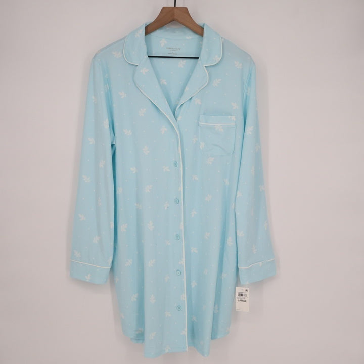Charter Club Intimates Pajama Shirt Women Large Blue Floral Stretch Lapel Collar