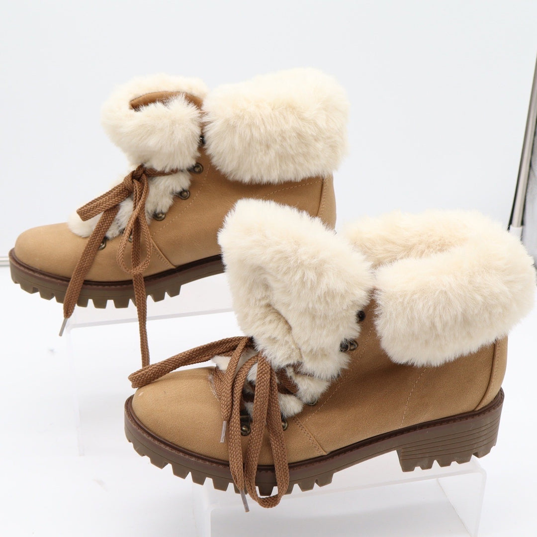 Unionbay Womens Tan Faux Fur Trim Hiker Ankle Boots Lug Sole Size 10