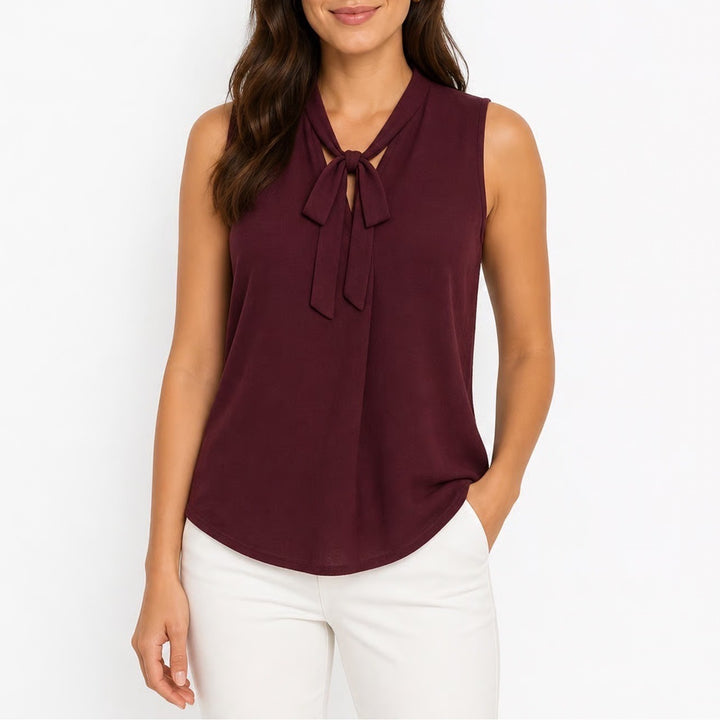 LOFT Womens Burgundy Tie Neck Sleeveless Knit Top V-Neck Solid Maroon Small