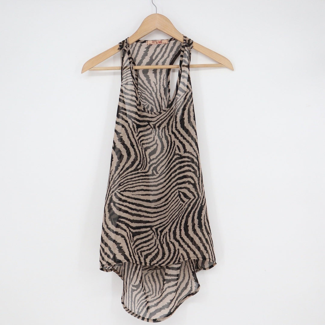 IT'S ME Zebra Print Sheer Racerback Tank Top Draped Open Back Tan Black OS