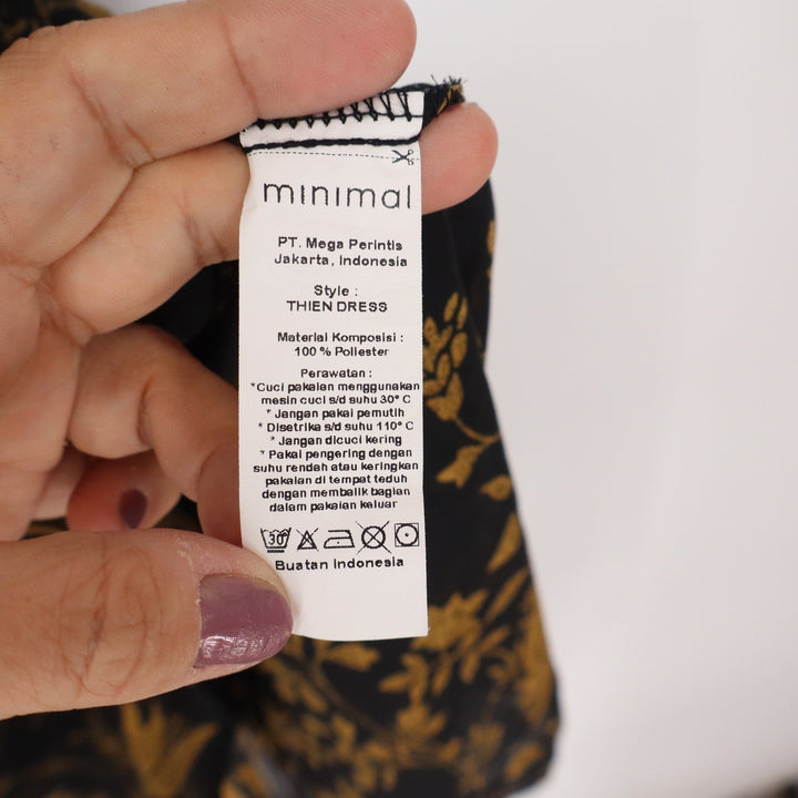 Minimal Thien Dress Black Gold Floral Midi Ruffle Sleeve Split Neck Size 4