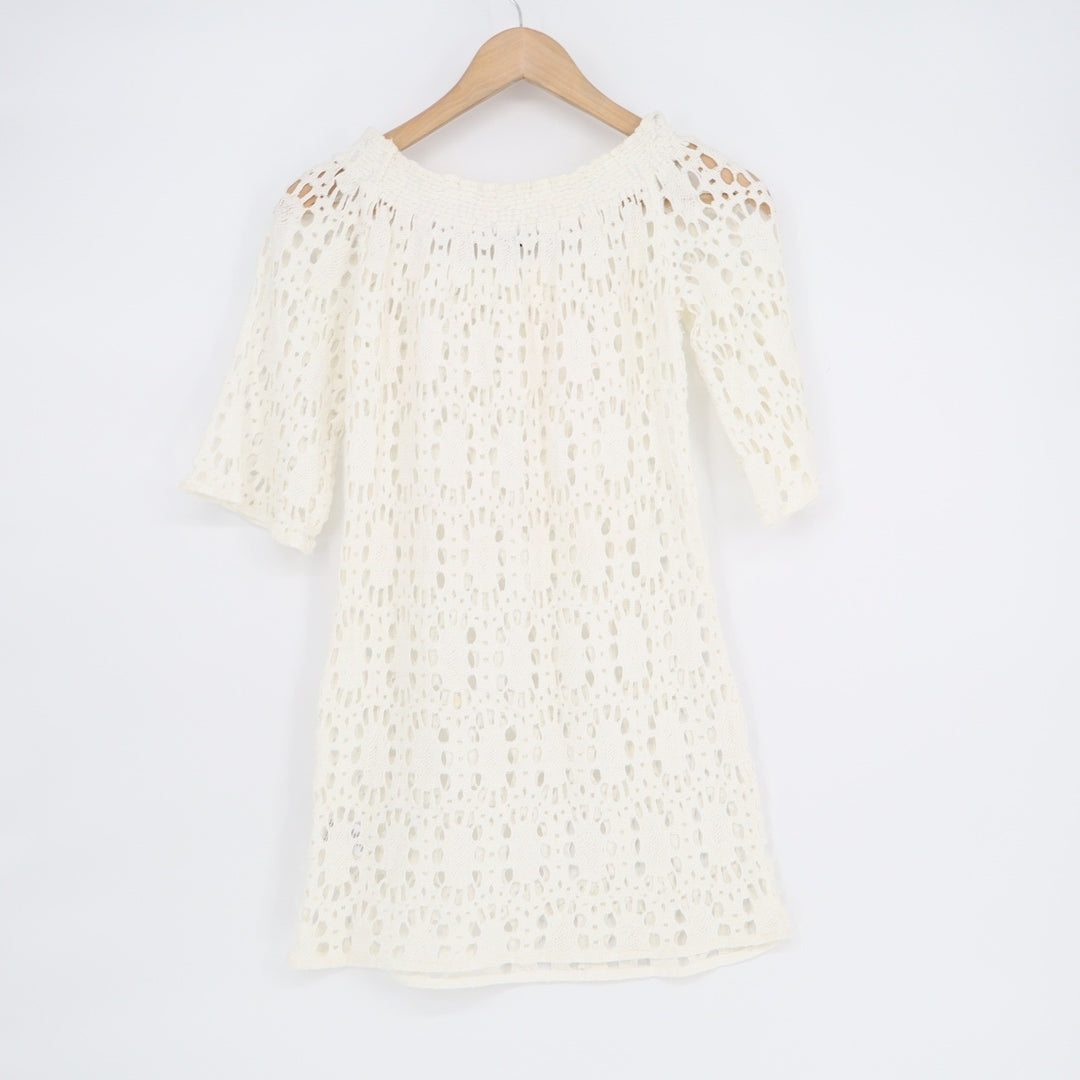 Trina Turk White Crochet Knit 100% Cotton Mini Dress Coverup Small