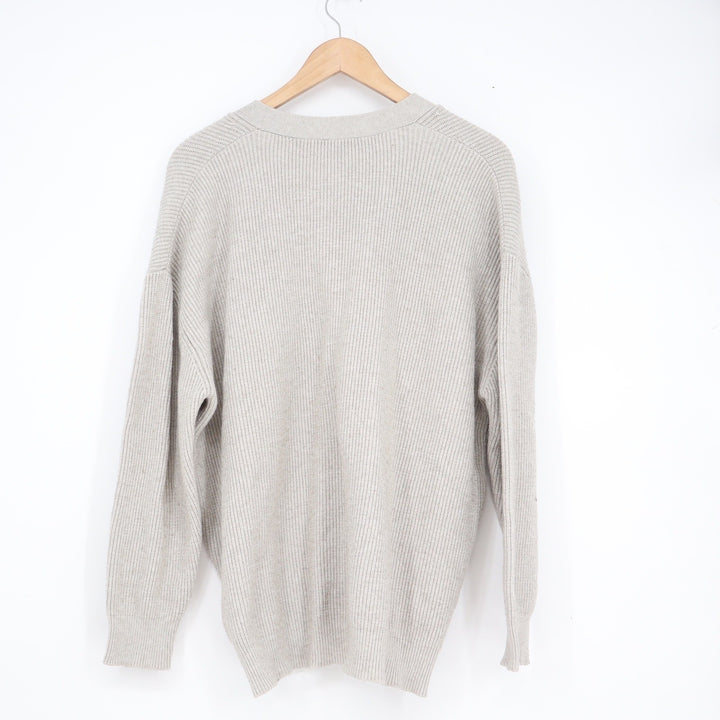 Tahari Womens Ribbed Knit V-Neck Button Front Cardigan Sweater Light Gray