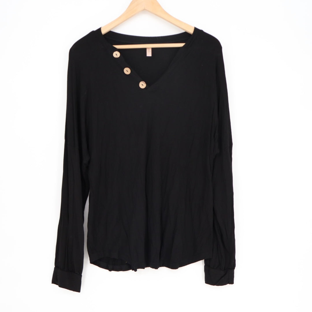 Jardin by Macris T-Shirt Women's Large Black Stretch Split Neck Long Sleeve