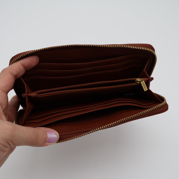 Fossil Tiegan Womens Clutch Wallet Brown Leather Zip Around Credit Card Slots
