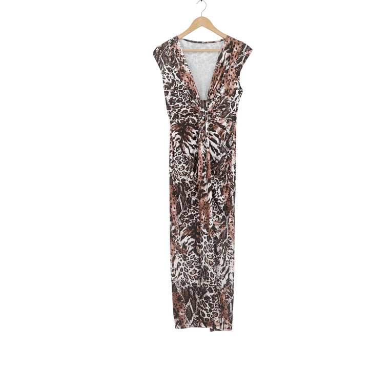 Right Tec Womens Animal Print Maxi Dress Brown Leopard Snakeskin V-Neck Small