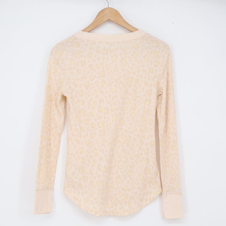 Gap Thermal Top Womens S Waffle Knit Beige Leopard Print Long Sleeve Excellent