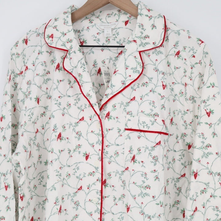 Charter Club Flannel Pajamas Top Womens Large White Floral Cotton Button Front