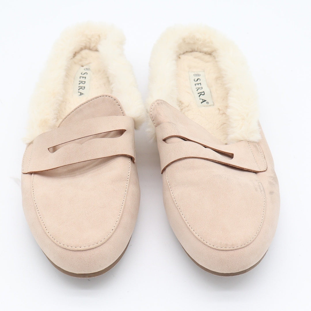 Serra Womens Tan Faux Suede Penny Loafer Mules Faux Fur Lined Size 10
