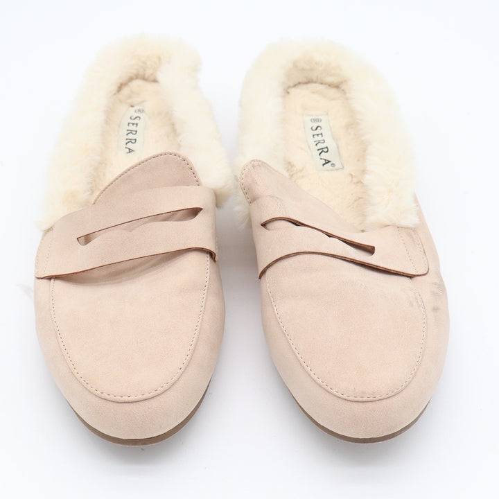 Serra Womens Tan Faux Suede Penny Loafer Mules Faux Fur Lined Size 10