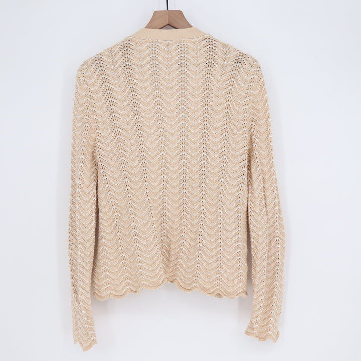 Ann Taylor Beige White Chevron Pointelle Cotton Cardigan Gold Buttons Large