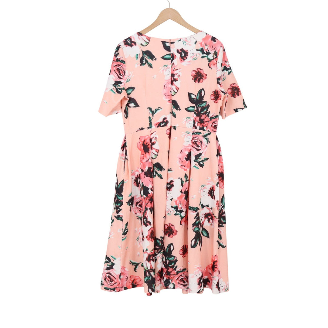 Godtliv Dress Womens L Floral Fit & Flare Peach Short Sleeve Midi NWOT New
