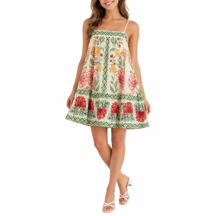 SHEIN Floral Print Tiered Cami Mini Dress XL Cream Red Green