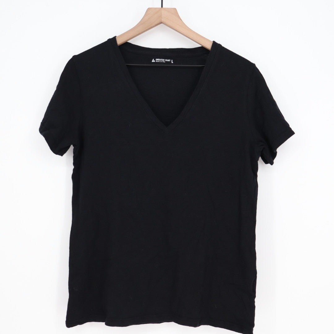 American Giant Women Black V Neck Short Sleeve T Shirt Size L Made in USA