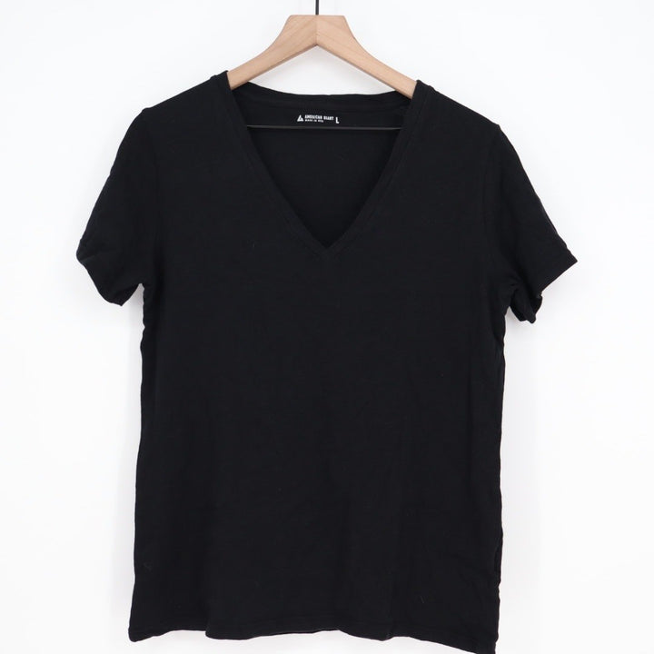 American Giant Women Black V Neck Short Sleeve T Shirt Size L Made in USA