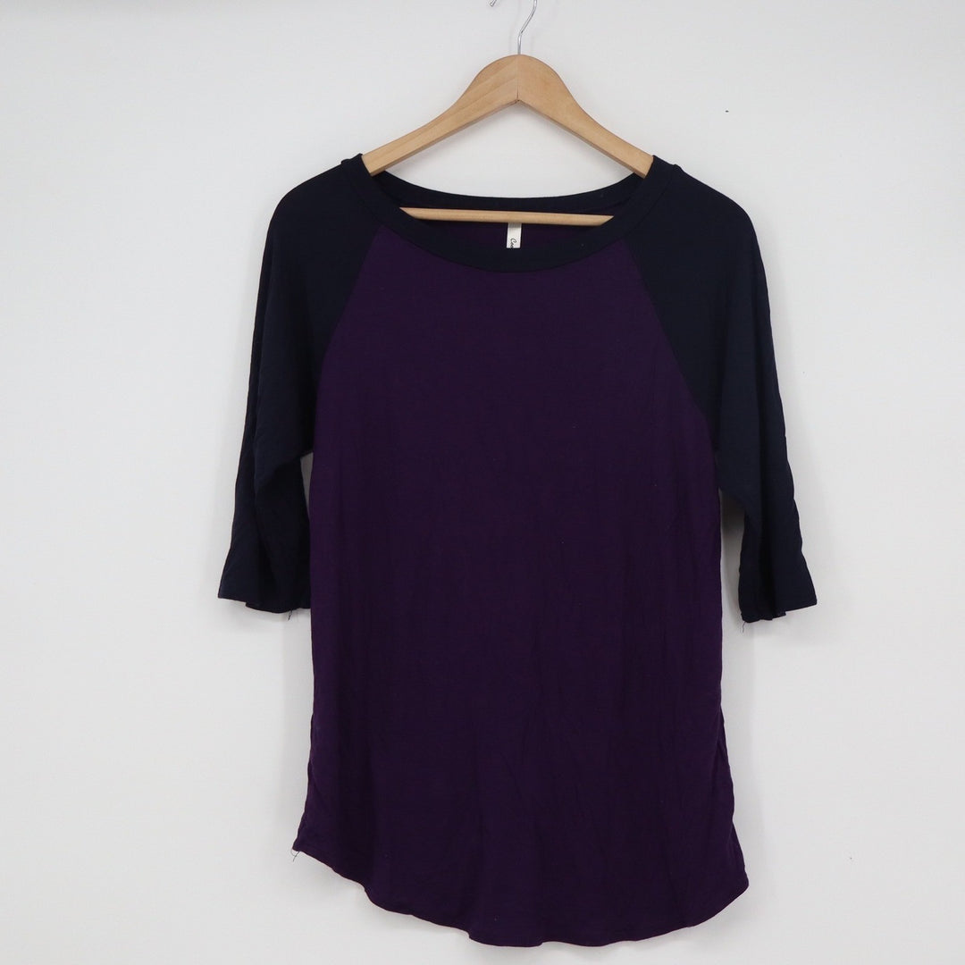 Cool Melon Womens Purple Navy Blue Raglan 3/4 Sleeve Baseball Tee Shirt M