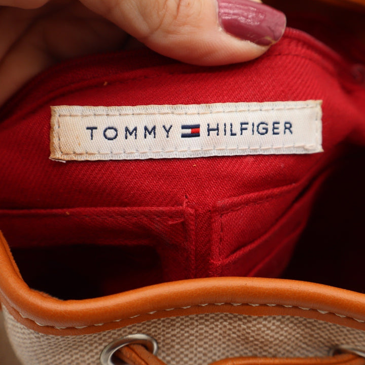 Tommy Hilfiger Bucket Bag Womens Medium Drawstring Beige Tan Canvas Excellent