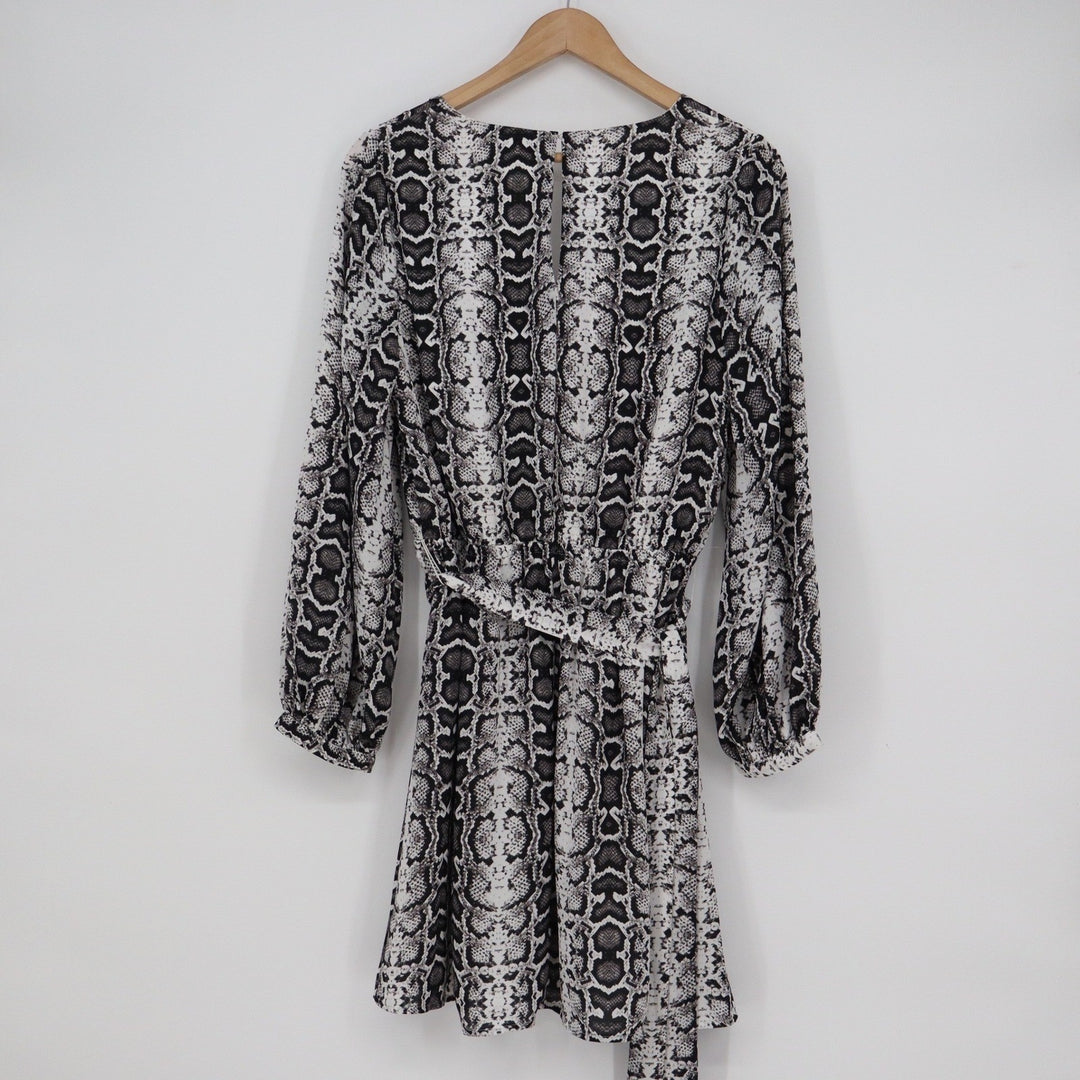 Express Snakeskin Print Long Sleeve V-Neck Mini Dress with Tie Waist M