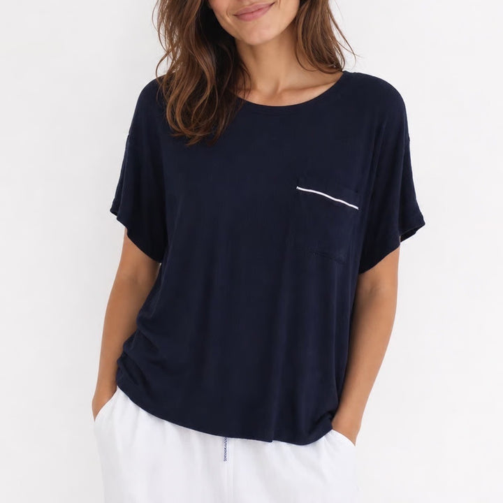 State of Day Intimates Navy Blue Ribbed Modal Spandex Sleep Shirt Pocket Medium