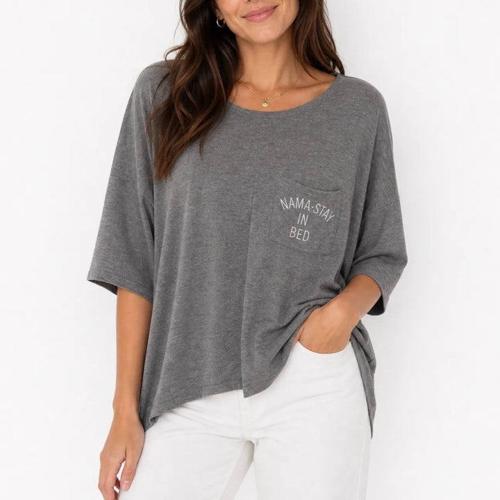 Fifth Sun Womens Gray Nama-Stay In Bed Graphic Pocket Sharkbite Top Size L
