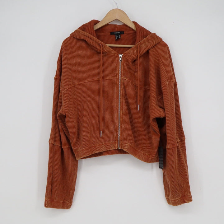 Forever 21 Burnt Orange Waffle Knit Cropped Zip-Up Hoodie Sweatshirt Womens M