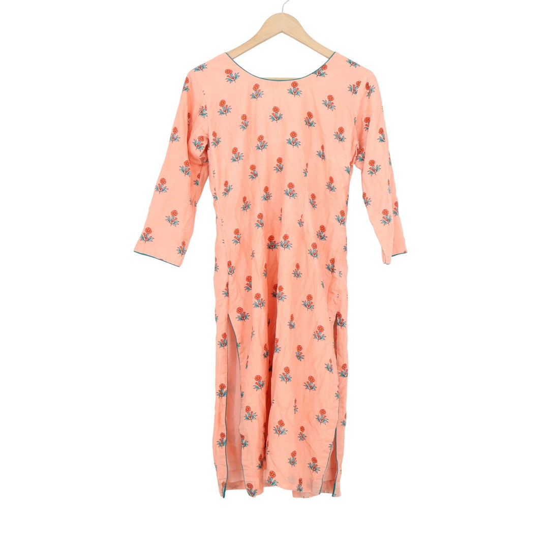Peach Floral Cotton Kurta Tunic 3/4 Sleeve Teal Trim Rhinestone Buttons 15x39