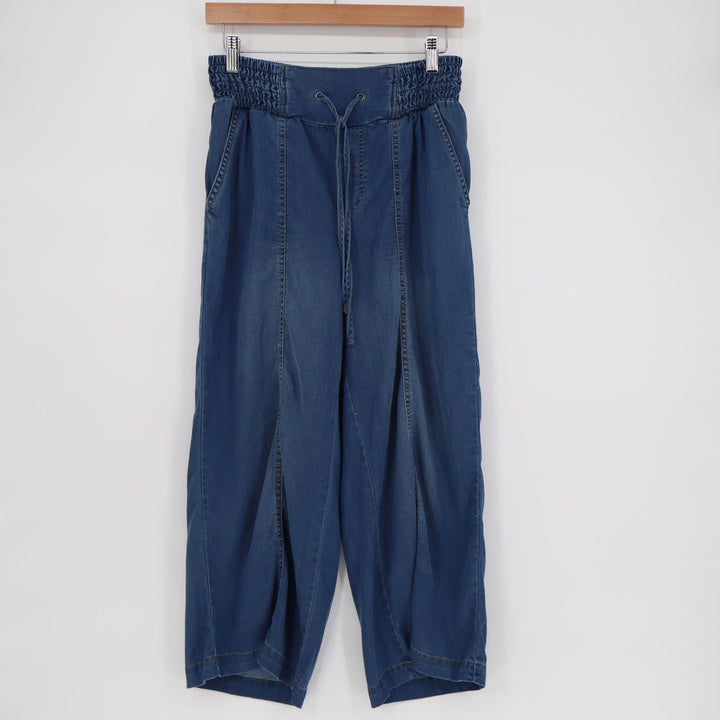 Dictionary Womens Small Blue Lyocell Blend Smocked Waist Wide Leg Cropped Pants