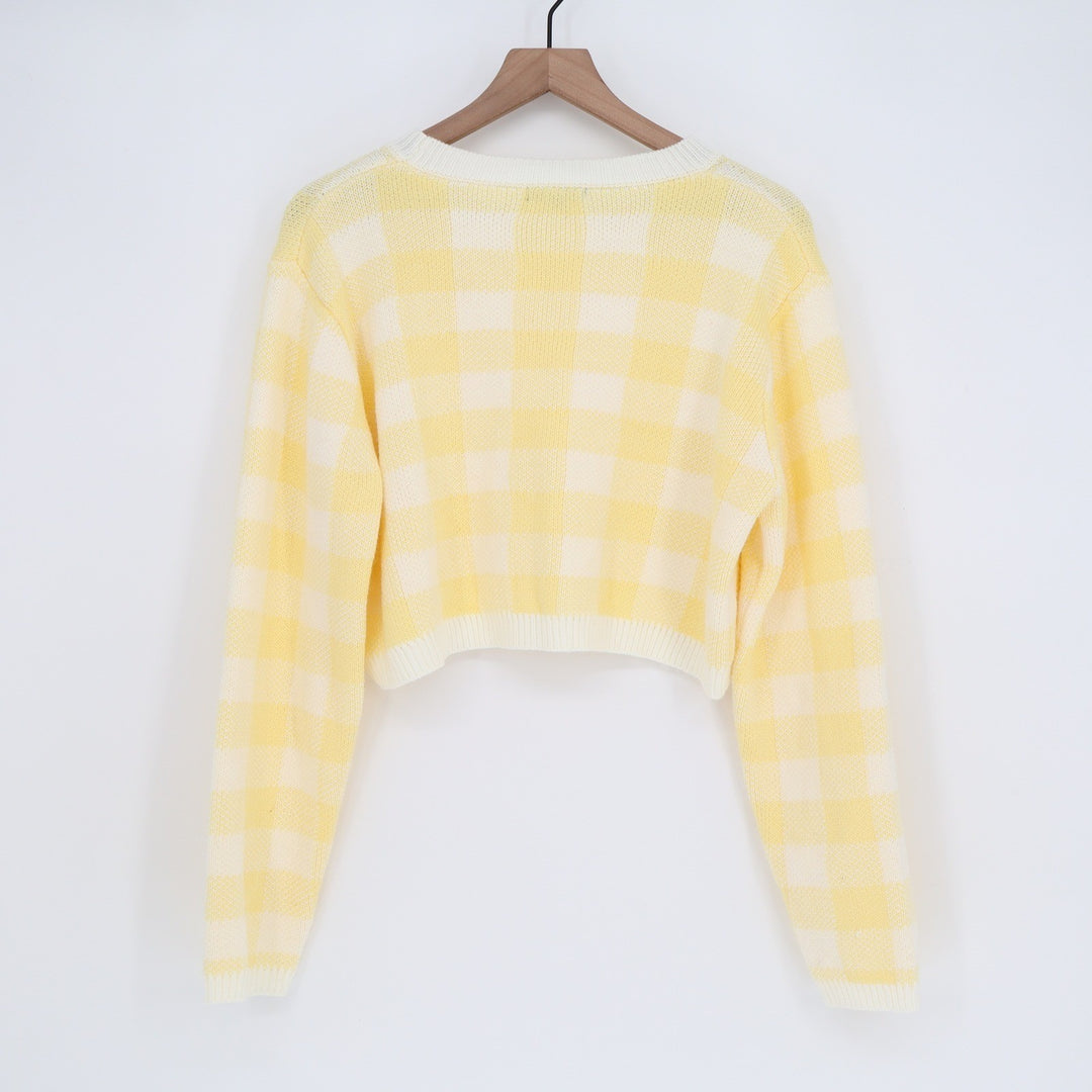 Paper Moon Yellow Gingham Cropped Sweater Womens Large Checkered Knit