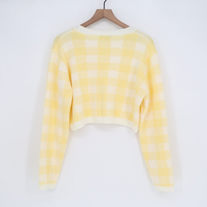 Paper Moon Yellow Gingham Cropped Sweater Womens Large Checkered Knit