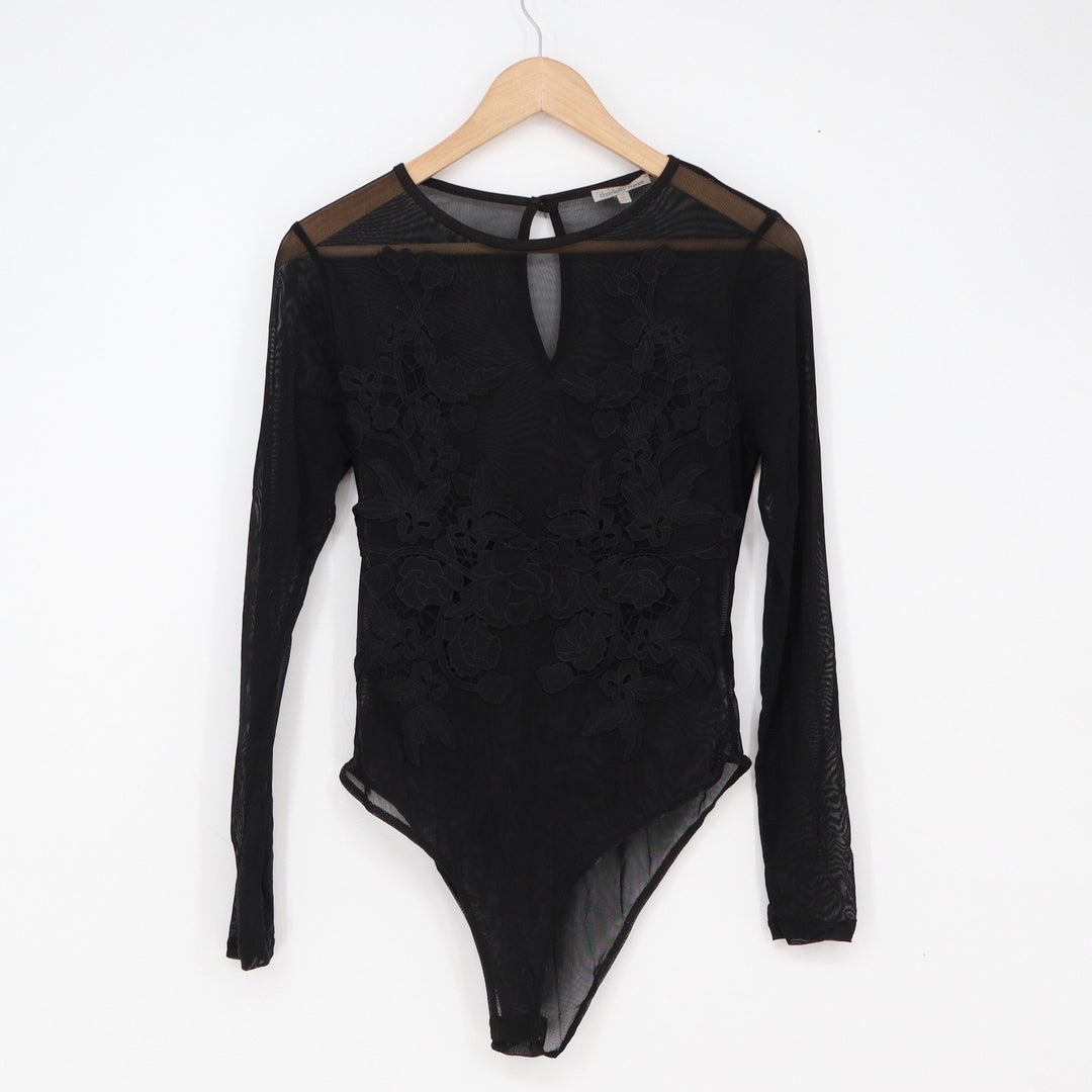 Charlotte Russe Bodysuit Womens M Black Floral Mesh Sheer Excellent