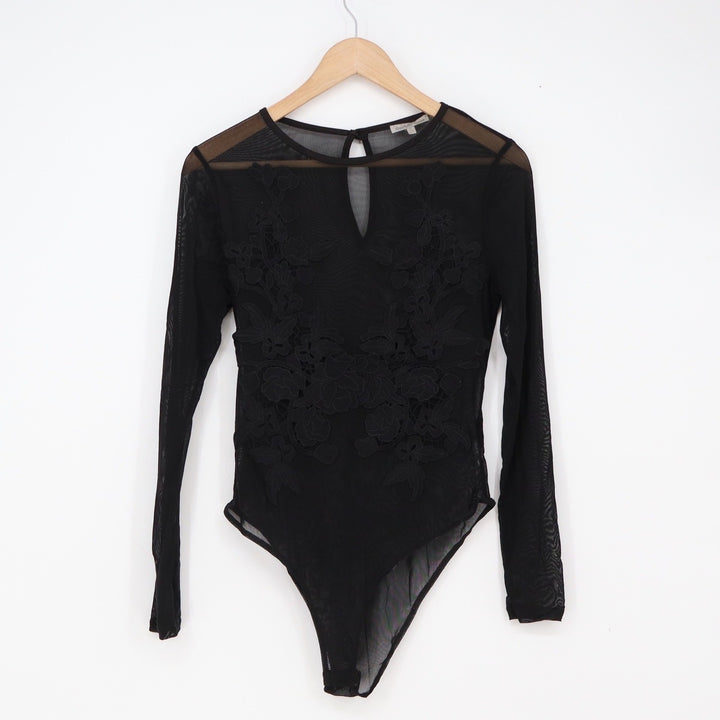Charlotte Russe Bodysuit Womens M Black Floral Mesh Sheer Excellent