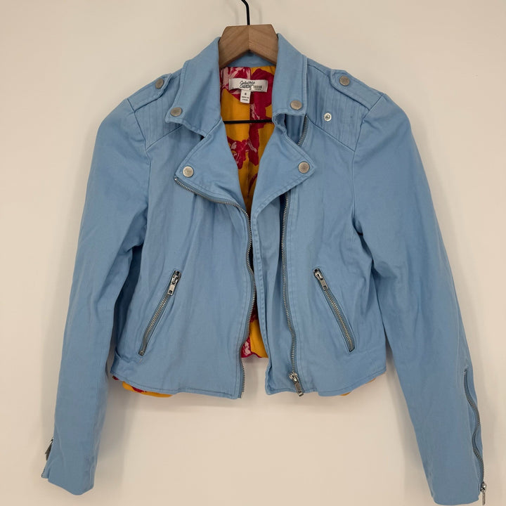 Color Me Courtney Light Blue Cropped Moto Jacket With Floral Lining Size 6