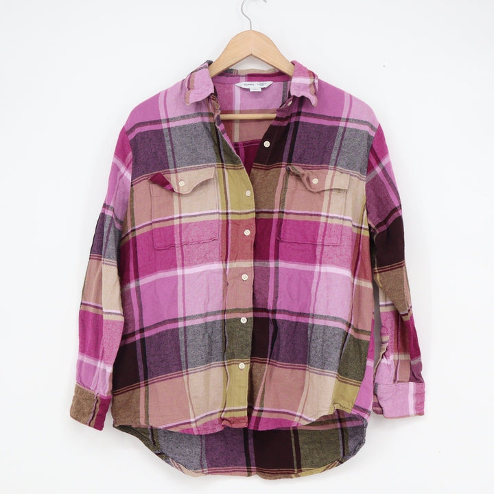 Old Navy The Boyfriend Shirt Womens Small Pink Purple Plaid Cotton Button Down