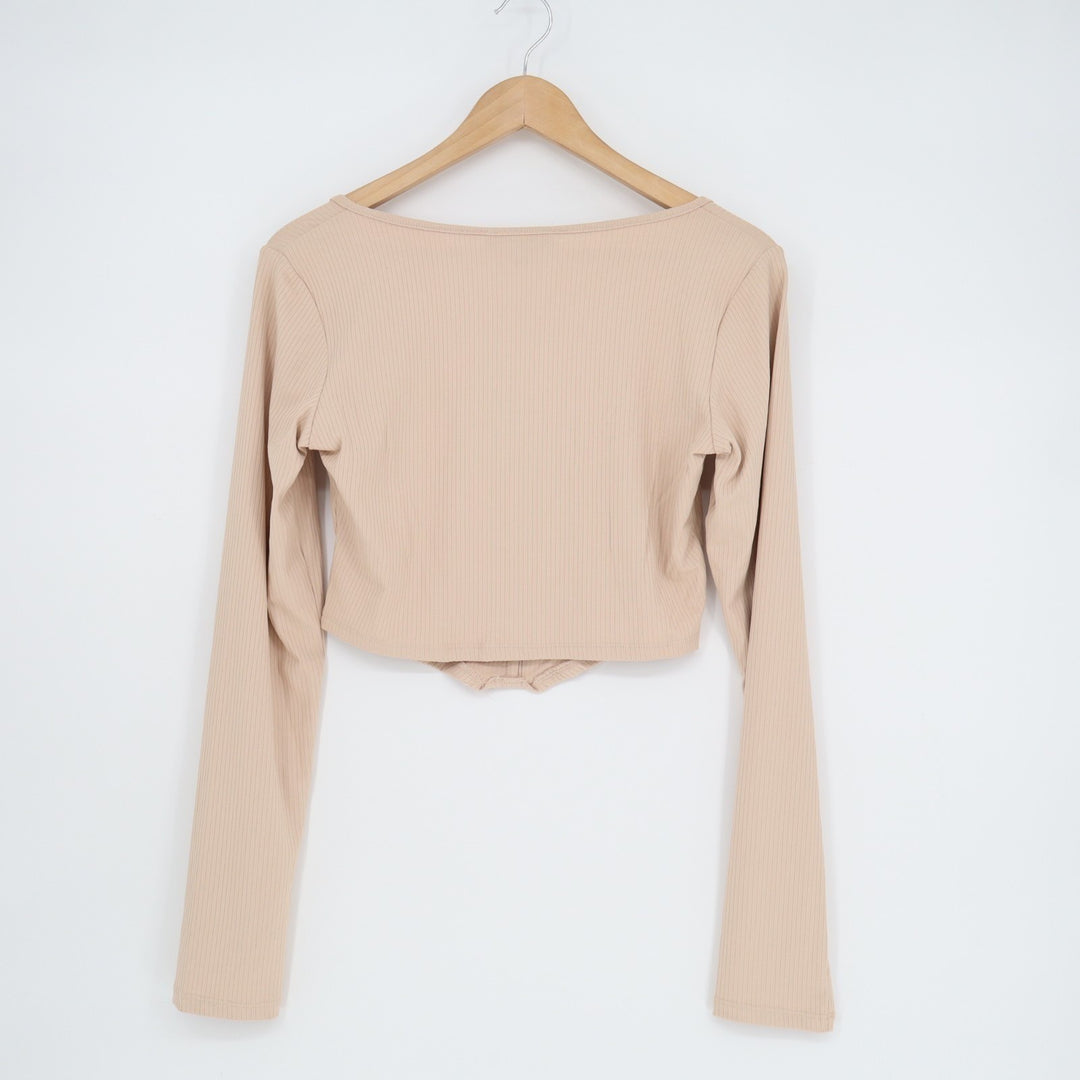Lulus Flair for the Flirty Bustier Crop Top Womens M Beige Ribbed Long Sleeve