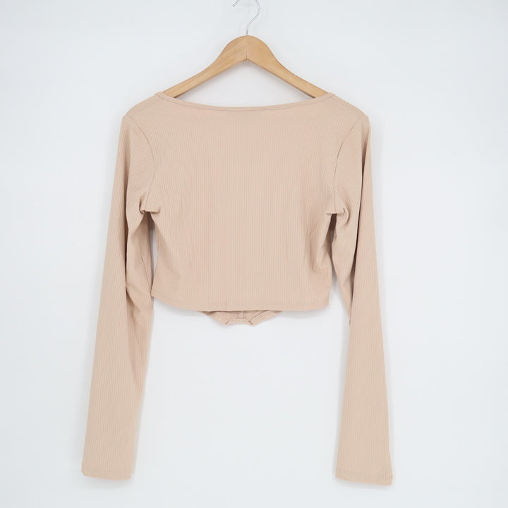 Lulus Flair for the Flirty Bustier Crop Top Womens M Beige Ribbed Long Sleeve