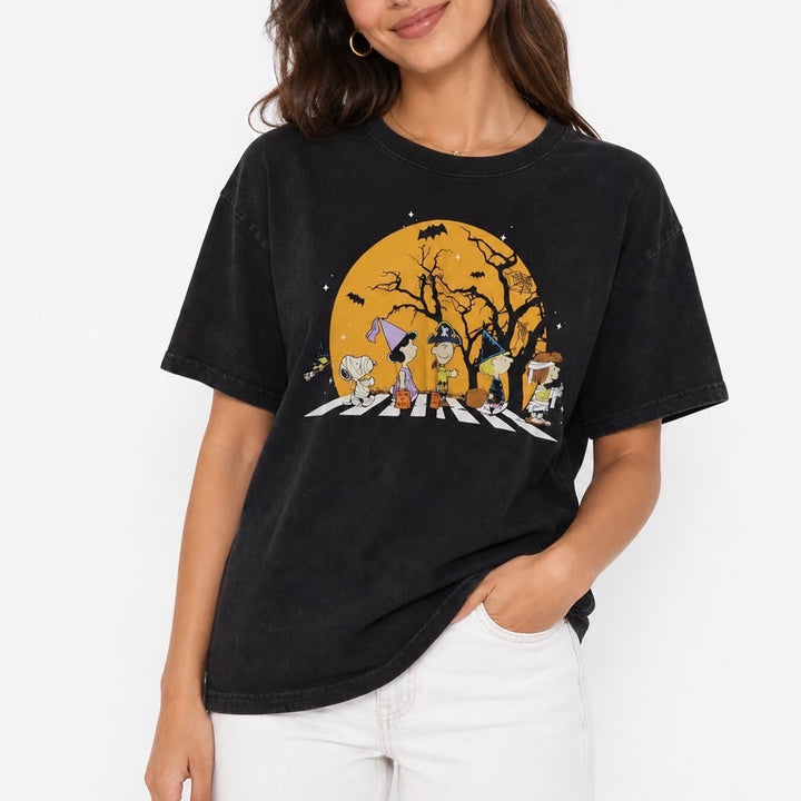 Peanuts Snoopy Halloween Abbey Road Acid Wash Graphic T-Shirt Black Large