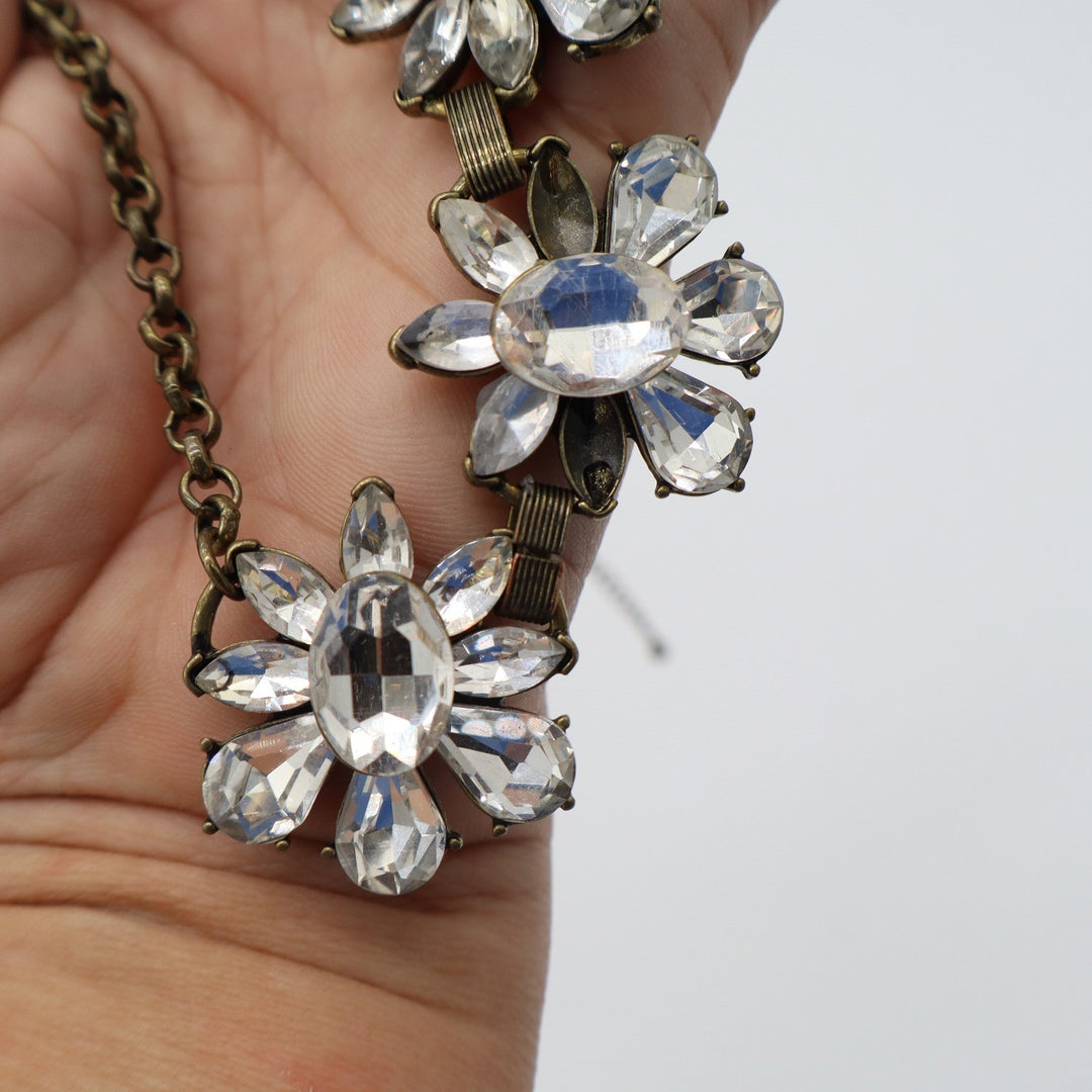 Antique Brass Clear Crystal Floral Statement Bib Necklace Vintage Style Sparkly