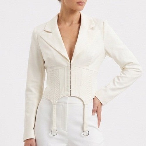 Naked Wardrobe The Statement Ivory Cropped Garter Blazer Womens Small