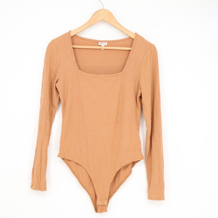 Selfie Womens Long Sleeve Ribbed Square Neck Bodysuit Camel Tan Size L