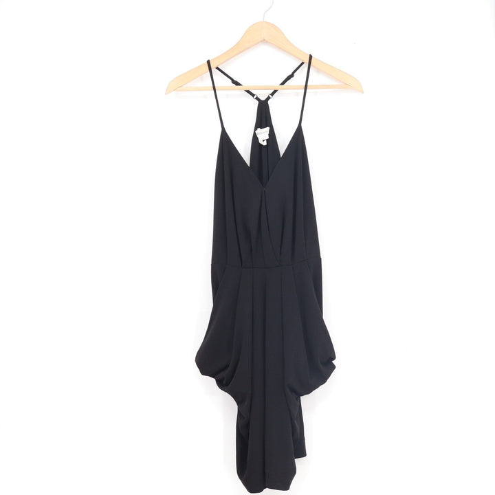 BCBGeneration Black Draped Tulip Mini Dress Womens Medium Racerback V-Neck LBD